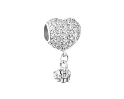 Zawieszka srebrna beads z cyrkoniami i emalią - serce, słoń