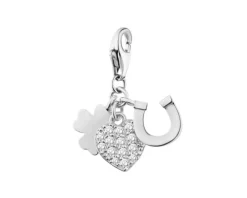 Zawieszka srebrna z cyrkoniami charms - serce, koniczyna, podkowa