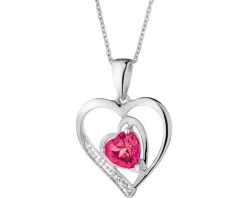 Zawieszka z białego złota z diamentem i rubinem syntetycznym - serca - próba 375