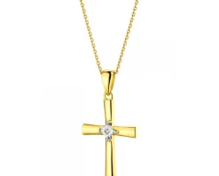 Zawieszka z żółtego i białego złota z diamentem - krzyż - 0,003 ct - próba 375