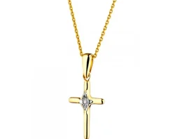 Zawieszka z żółtego i białego złota z diamentem - krzyż - 0,005 ct - próba 375