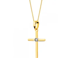 Zawieszka z żółtego złota z brylantem - krzyż - 0,008 ct - próba 375