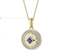 Zawieszka z żółtego złota z diamentami i szafirem - rozeta - próba 585