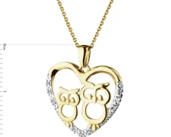 Zawieszka z żółtego złota z diamentami - sowy, serce - 0,03 ct - próba 375