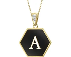 Zawieszka z żółtego złota z diamentem i onyksem - litera A - próba 375