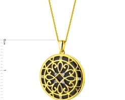 Zawieszka z żółtego złota z diamentami i onyksem - rozeta - próba 585