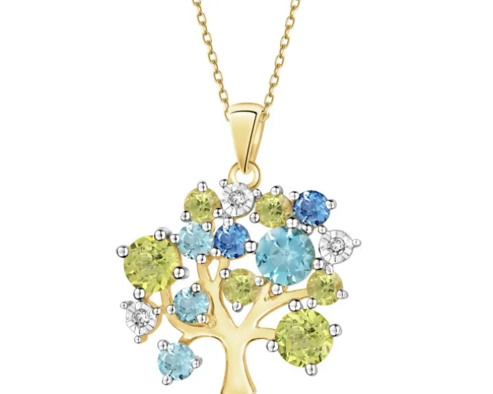 Zawieszka z żółtego złota z diamentami, peridotami, topazami - drzewko - próba 585