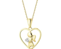 Zawieszka z żółtego złota z diamentem - serce, aniołek - 0,003 ct - próba 585