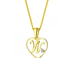 Zawieszka z żółtego złota z diamentem - litera W, serce - 0,005 ct - próba 585