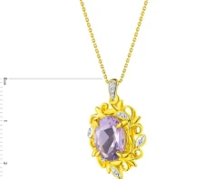 Zawieszka z żółtego złota z diamentami i ametystem - liście - próba 585