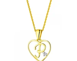 Zawieszka z żółtego złota z diamentem - litera P, serce - 0,005 ct - próba 585