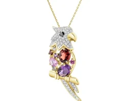 Zawieszka z żółtego złota z diamentami, kamieniami szlachetnymi i ozdobnymi - papuga - 0,14 ct - próba 585