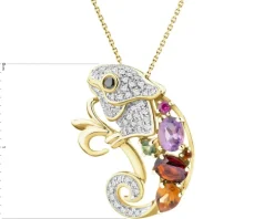 Zawieszka z żółtego złota z diamentami, kamieniami szlachetnymi i ozdobnymi - kameleon - 0,14 ct - próba 585