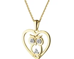Zawieszka z żółtego złota z diamentami - sowa, serce - 0,01 ct - próba 585