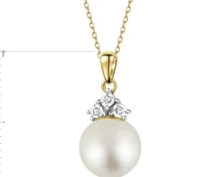 Zawieszka z żółtego złota z diamentami i perłą - próba 585