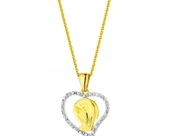 Zawieszka z żółtego złota z diamentami - medalik Matka Boska, serce - 0,01 ct - próba 375