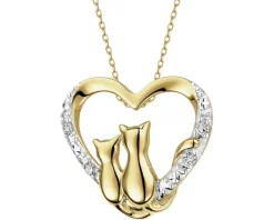 Zawieszka z żółtego złota z diamentami - koty, serce - 0,02 ct - próba 375