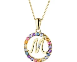 Zawieszka z żółtego złota z diamentem, kamieniami szlachetnymi i ozdobnymi - litera M - próba 375