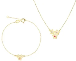 Złota bransoletka i naszyjnik z emalią - komplet - kwiaty