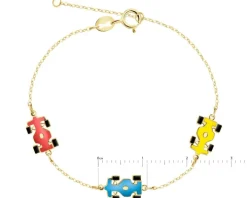 Złota bransoletka z emalią, ankier - samochody wyścigowe