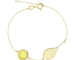 Złota bransoletka z emalią - piłka i rakieta tenisowa