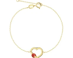 Złota bransoletka z emalią - serce, biedronka
