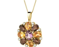 Złota zawieszka z ametystem, cytrynami,  kwarcami dymnymi i cyrkoniami - kwiat