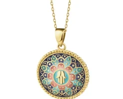 Złota zawieszka z emalią  - rozeta, ręka Fatimy