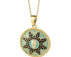 Złota zawieszka z emalią - rozeta, ręka Fatimy