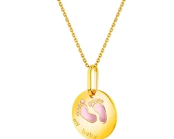 Złota zawieszka z emalią - stópki, "my baby"
