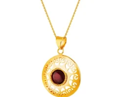 Złota zawieszka z granatem syntetycznym  - koło, rozeta