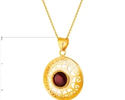Złota zawieszka z granatem syntetycznym  - koło, rozeta