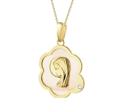 Złota zawieszka z masą perłową i cyrkonią - medalik Matka Boska