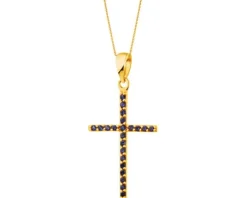 Złota zawieszka z szafirami syntetycznymi - krzyż