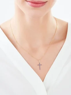 Złota zawieszka z szafirami syntetycznymi - krzyż