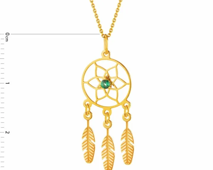 Złota zawieszka ze szmaragdem syntetycznym - łapacz snów