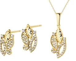 Złote kolczyki i zawieszka z cyrkoniami - komplet - liście