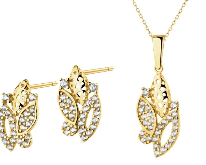 Złote kolczyki i zawieszka z cyrkoniami - komplet - liście