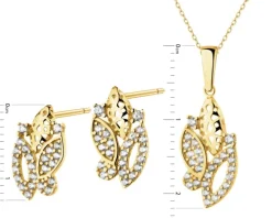 Złote kolczyki i zawieszka z cyrkoniami - komplet - liście