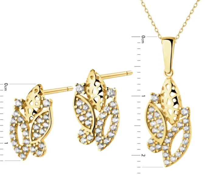 Złote kolczyki i zawieszka z cyrkoniami - komplet - liście