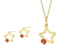 Złote kolczyki i zawieszka z emalią - komplet - gwiazdy, biedronki