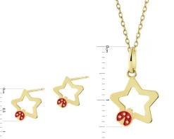 Złote kolczyki i zawieszka z emalią - komplet - gwiazdy, biedronki