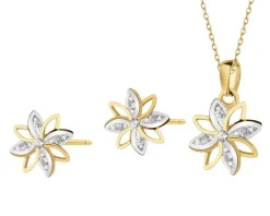 Złote kolczyki i zawieszka z cyrkoniami - komplet - kwiaty