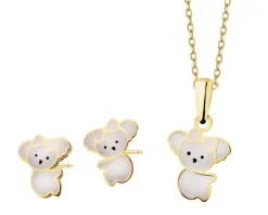 Złote kolczyki i zawieszka z emalią - komplet - misie koala