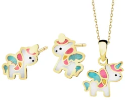 Złote kolczyki i zawieszka z emalią - komplet - jednorożce