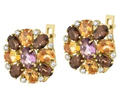 Złote kolczyki z ametystami, cytrynami, kwarcami dymnymi i cyrkoniami - kwiaty