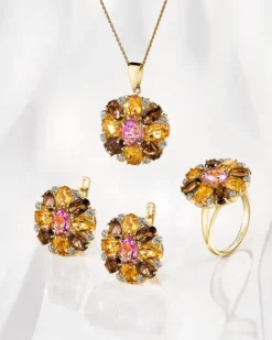 Złote kolczyki z ametystami, cytrynami, kwarcami dymnymi i cyrkoniami - kwiaty