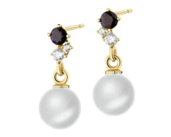Złote kolczyki z perłami, szafirami syntetycznymi i cyrkoniami