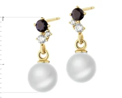 Złote kolczyki z perłami, szafirami syntetycznymi i cyrkoniami