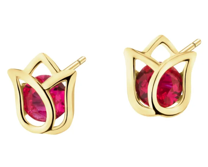 Złote kolczyki z rubinami syntetycznymi - kwiaty